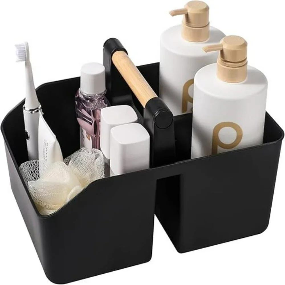 Portable Shower Caddy Basket Bathroom Organizer Tote with Bamboo Handle Storage